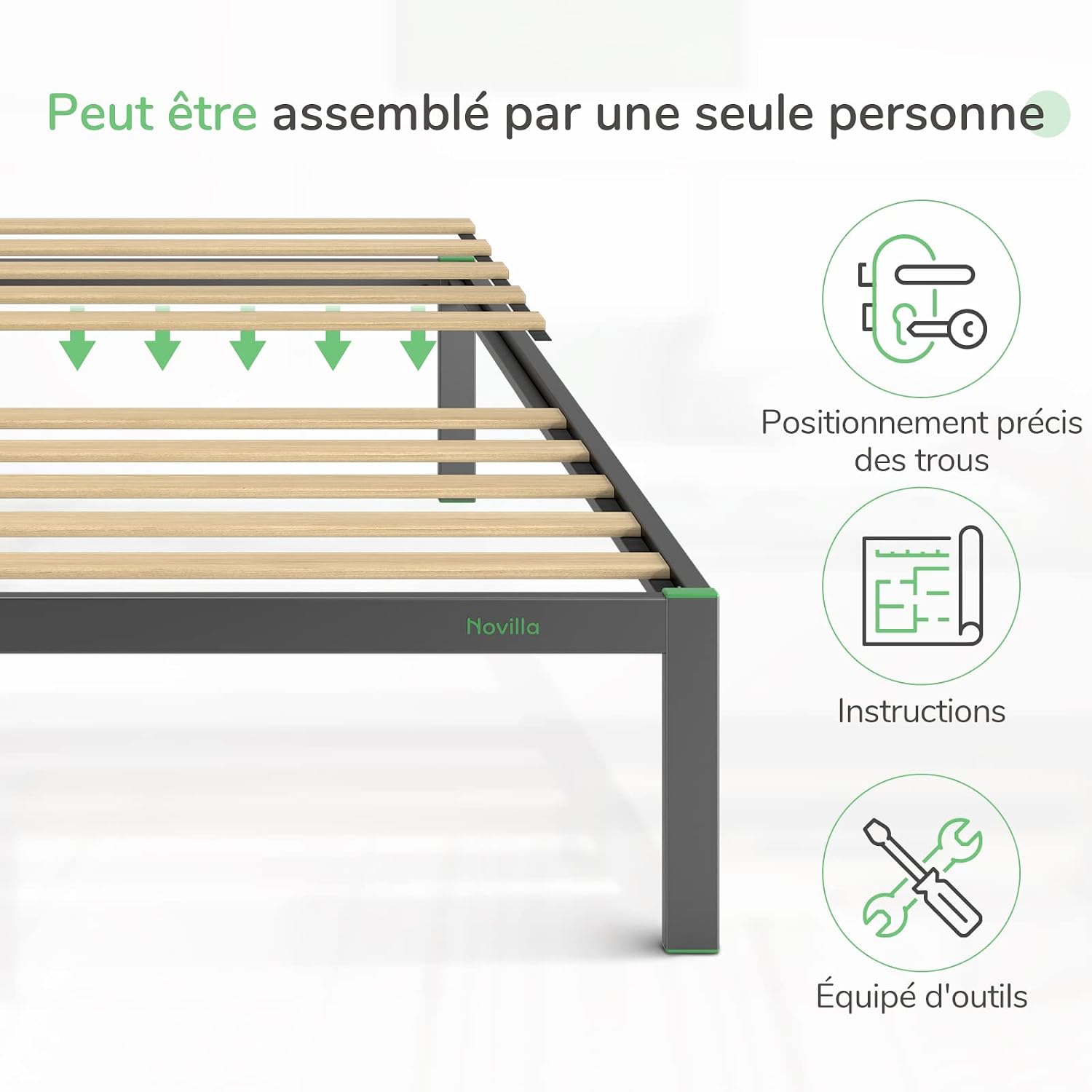 Illustration showing the Novilla bed frame assembly process, highlighting precise hole positioning, included instructions, and tools.