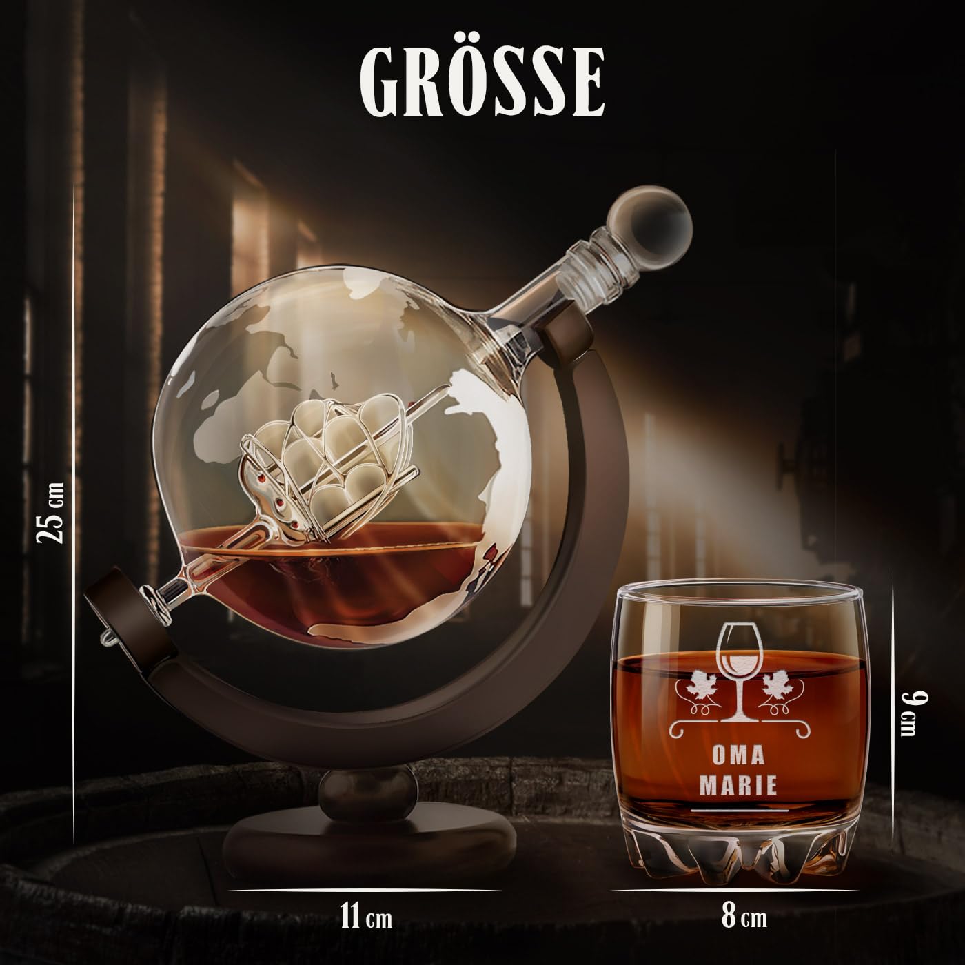 Maverton Whisky Karaffe mit Gravur, Globus mit Schiff, 850 ml + 6 Gläser