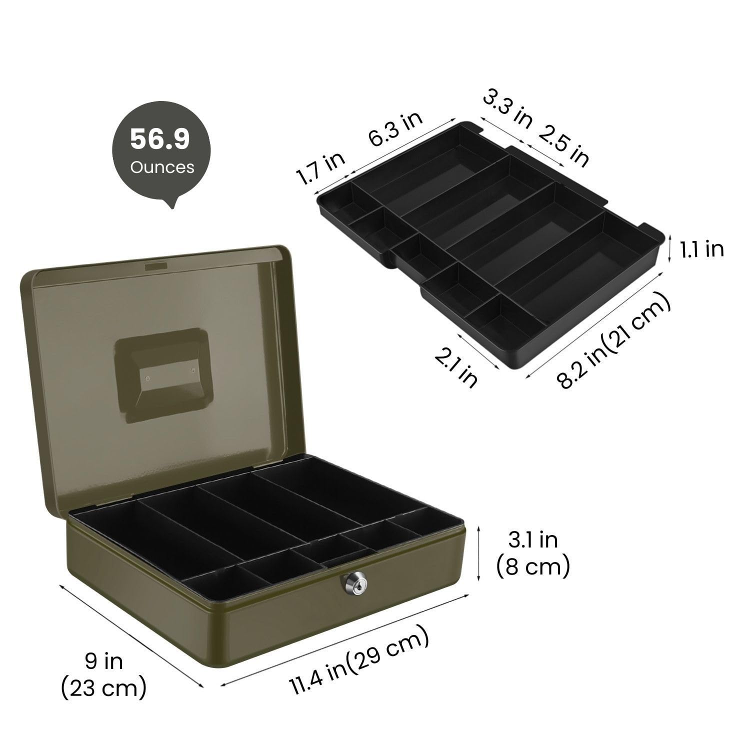 Flexzion Cassetta portavalori con vassoio per soldi e serratura, in metallo, per piccole imprese, 9 scomparti, verde, con vassoio rimovibile e chiave, contenitore portatile per assegni e monete