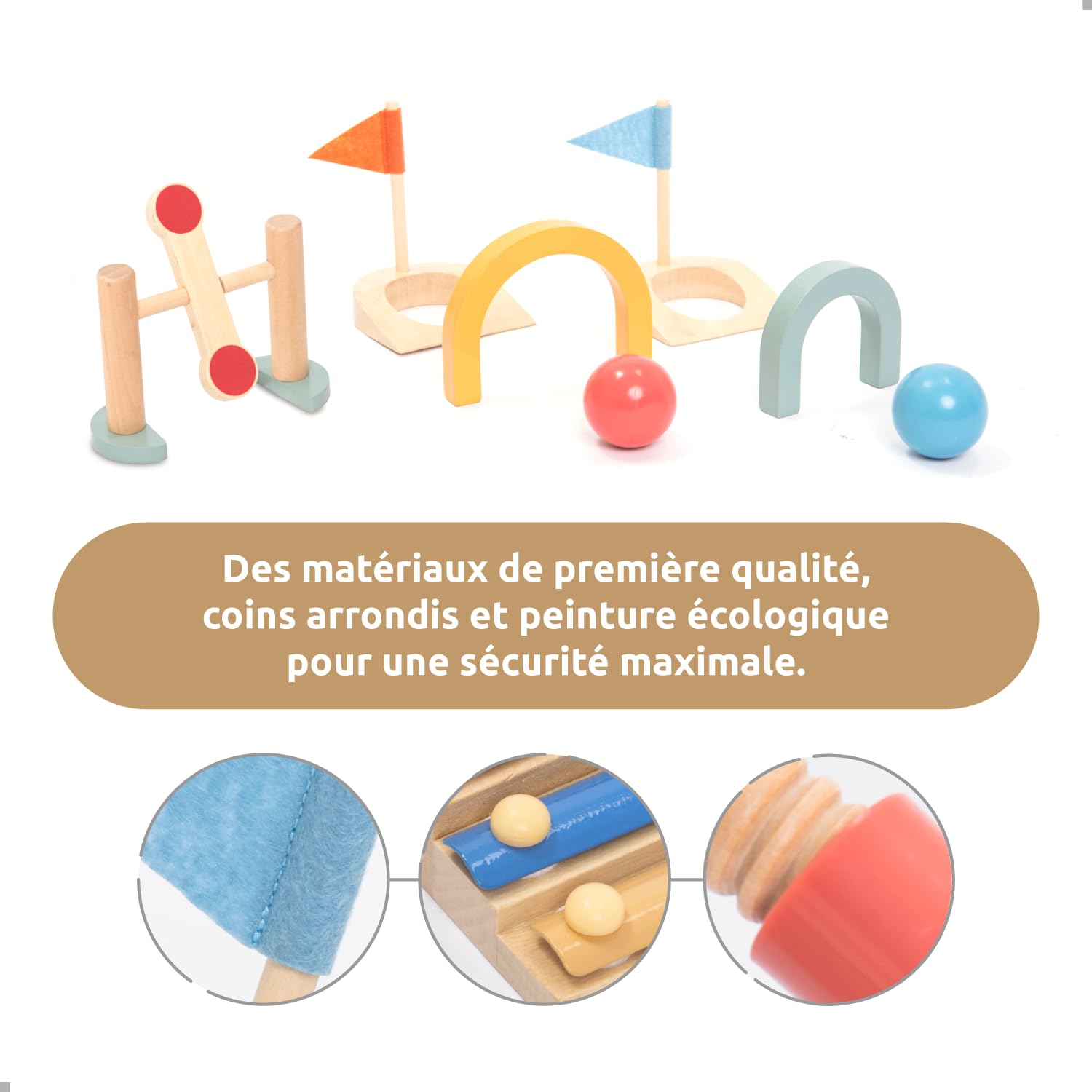 umu® Mini Golf en Bois pour Enfants – 6 Obstacles, Jouets d'intérieur et d'extérieur avec balles et Clubs de Golf – Jouet éducatif créatif pour garçons et Filles à partir de 3, 4, 5, 6 Ans