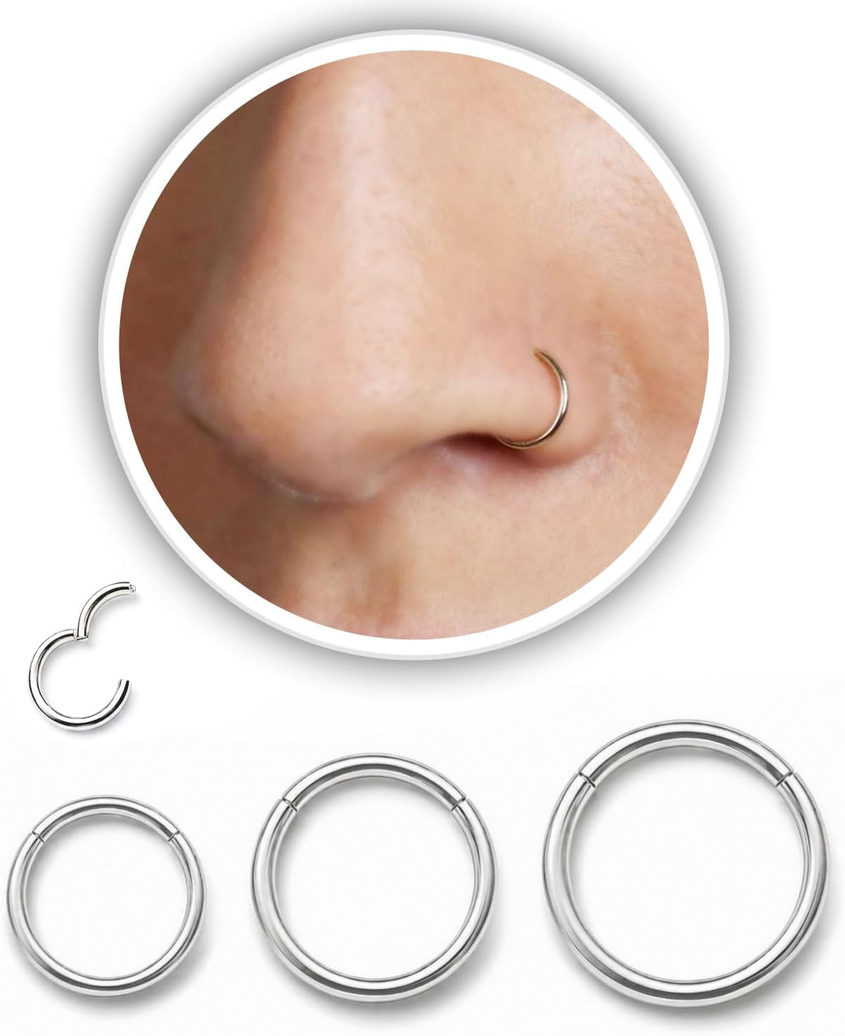 18g Nose Rings Hoop and 20g Nose Studs Sets for Women Men,Hypoallergenic 316L Surgical Stainless Steel Hinged Clicker Segment Nose Rings Hoop Helix Cartilage Daith Tragus Sleeper Earrings Silver Gold