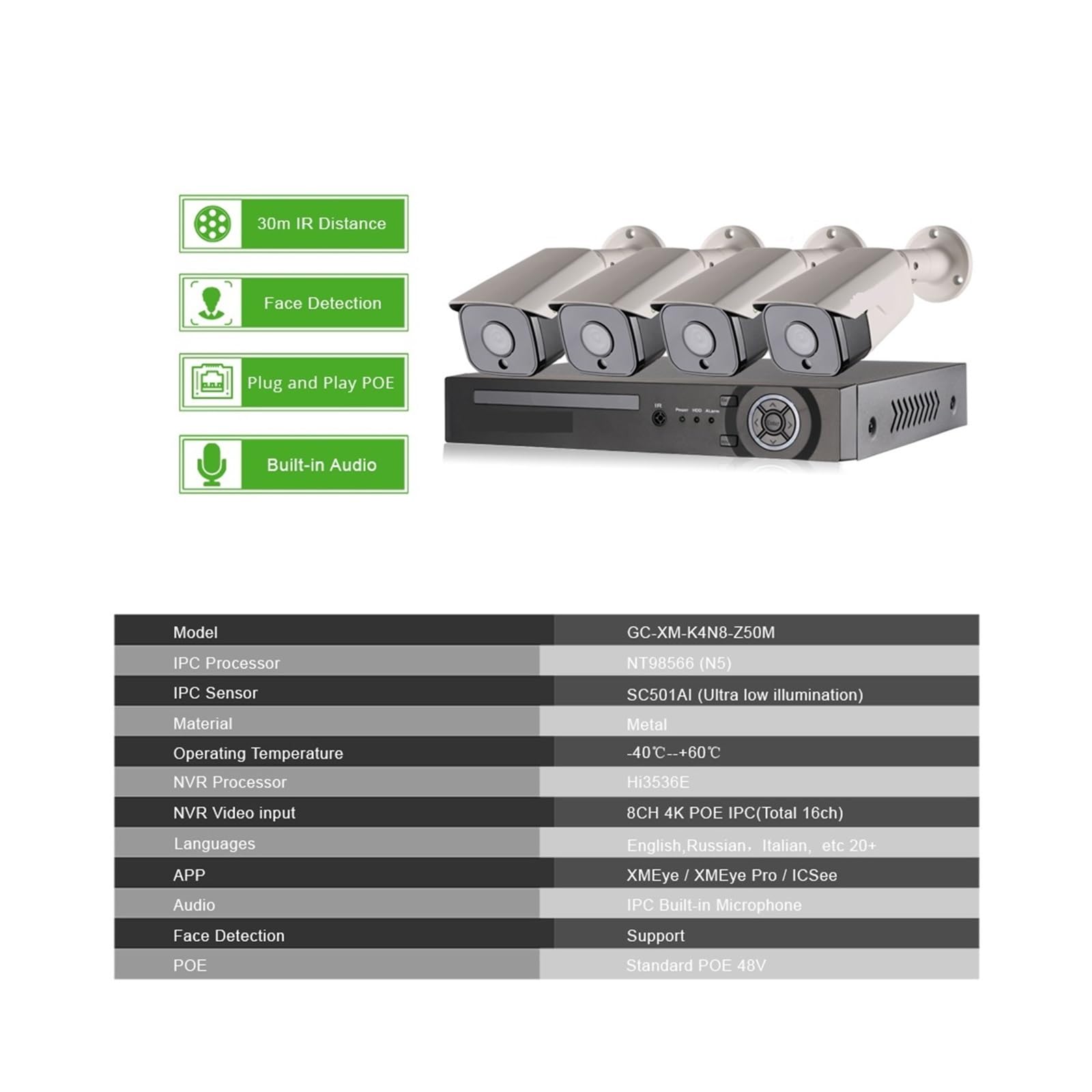 Kit Video Surveillance, 25fps 5MP détection de Visage POE caméra IP Kits de système de sécurité étanche CCTV Surveillance vidéo AI(2T,8pcs Cameras)