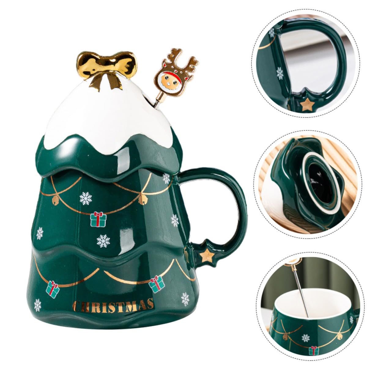 Taza de Cerámica Creativa Forma de Árbol de Navidad, Capacidad 500ml, Tapa y Cuchara para Café en Casa u Oficina