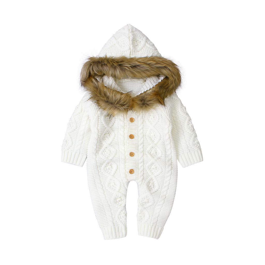 Iuhan 0-18 Months Infant Baby Romper with Fur Hood Boys Girls Sweater Coat  Winter Baby Boy Girl Sweater Hooded Knit Faux Fur Collar Warm Jumpsuit