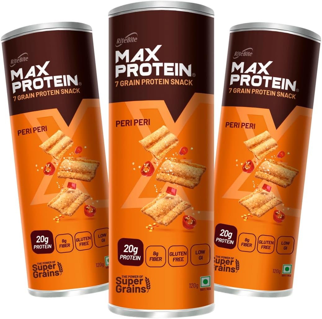 RiteBite Max Protein Chips Peri Peri | with 20g Protein, 8g Fiber, Low Gi, Gluten Free, Made with Sorghum, Quinoa, Oats, Ragi | No Preservatives, 100% Vegetarian, 120g (Pack of 3)