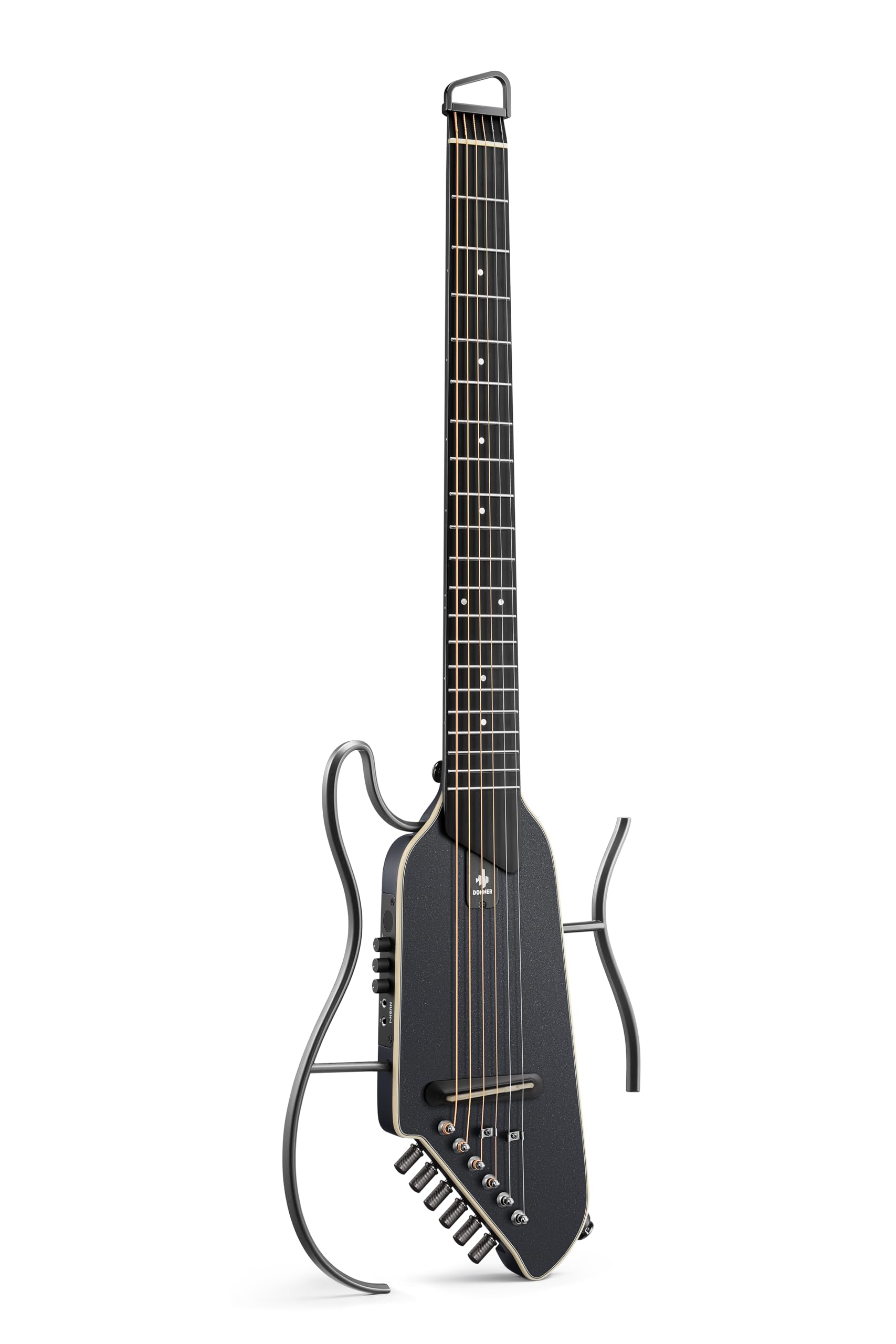 Donner HUSH I EVO2 Chitarra Acustica-Elettrica da Viaggio, Ultra-Leggera, Senza Paletta, con Accordatore Integrato, Supporti Rimovibili e Uscita Cuffie – Nero
