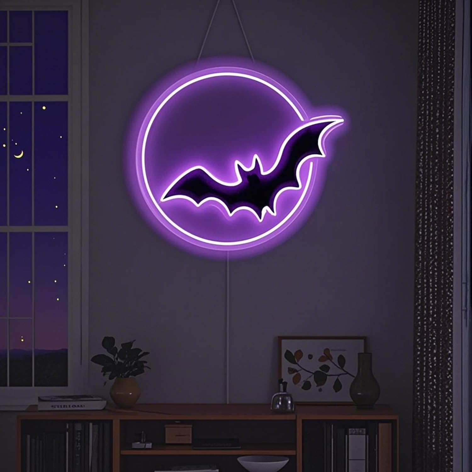 HFHungkeong Bat and Moon Neon Light Signs LED Halloween Decorations 5V USB Powered Dimmable Acrylic Halloween Light up Signs Wall Art Lamp for Bedroom Bar Office Dorm(Purple)