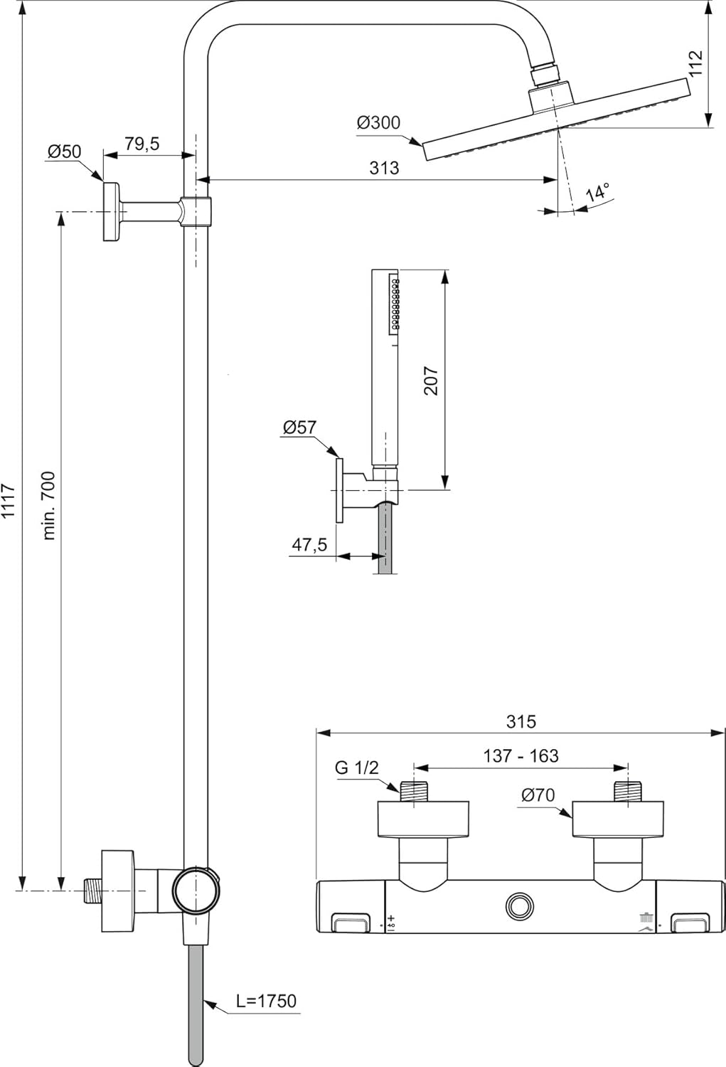 Technical drawing with dimensions for Ideal Standard Ceratherm T25 Shower System