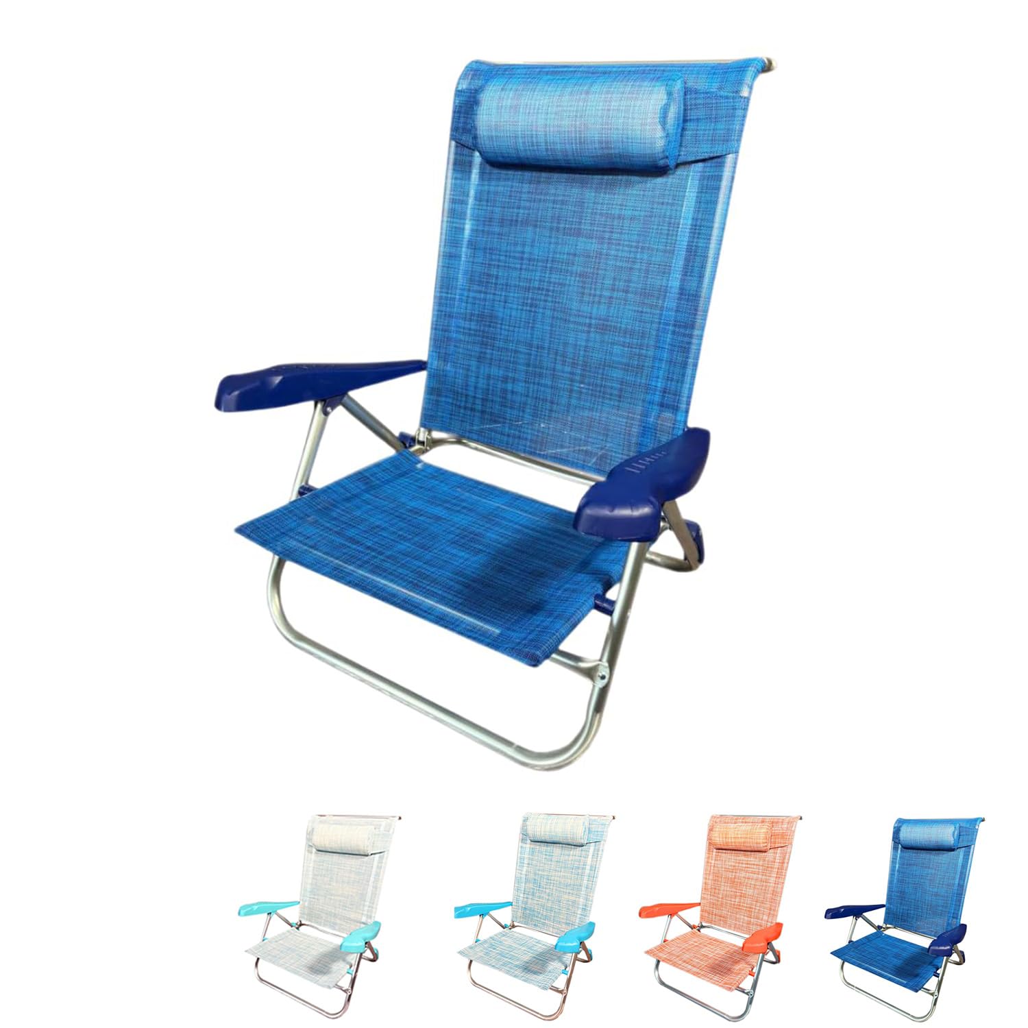 PALUPLUS Spiaggina Pieghevole con Braccioli, Misura 55x46x80 cm, Struttura Alluminio, Reclinabile in 7 Posizioni, Cuscino Poggiatesta, Sedia per Spiaggia, Piscina, Portata 100Kg -1771F (Blu)
