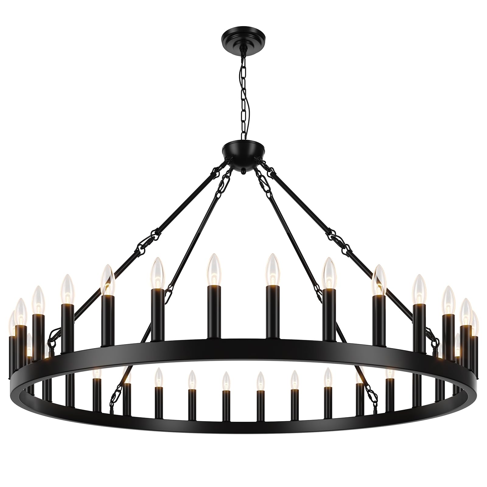 32-Lights Black Wagon Wheel Chandelier 53 Inch, Round Large Rustic Farmhouse Industrial Style High Ceilings Pendant Lighting Fixture for Living Room, Kitchen Island, Foyer, Entryway, Barn