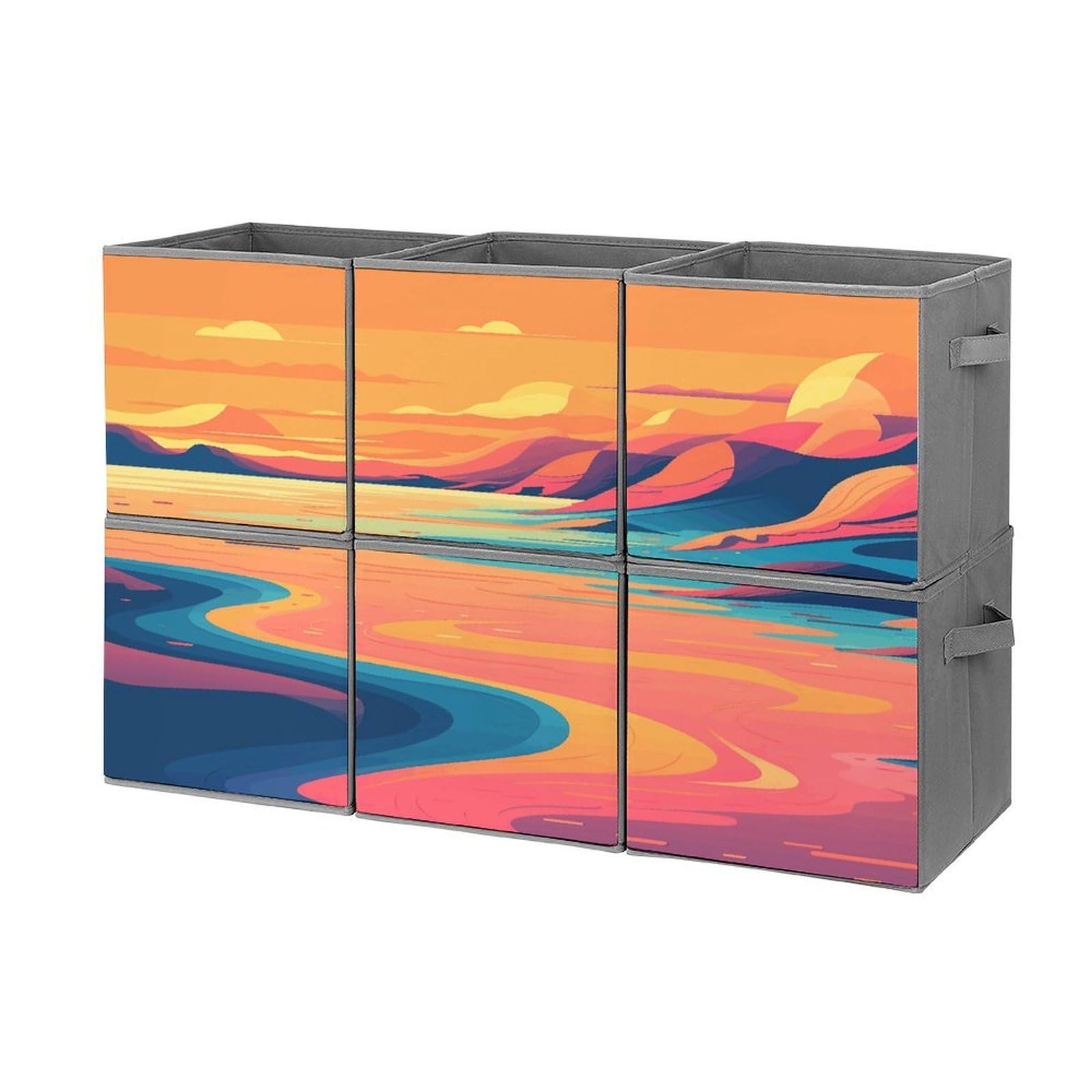 Btcowzrv Style Hand Drawn Painting Storage Cubes, 6 Pack Oxford Fabric Foldable Collapsible Bins With Handles, Cubby Storage Baskets Boxes For Closet Shelves Office Organization