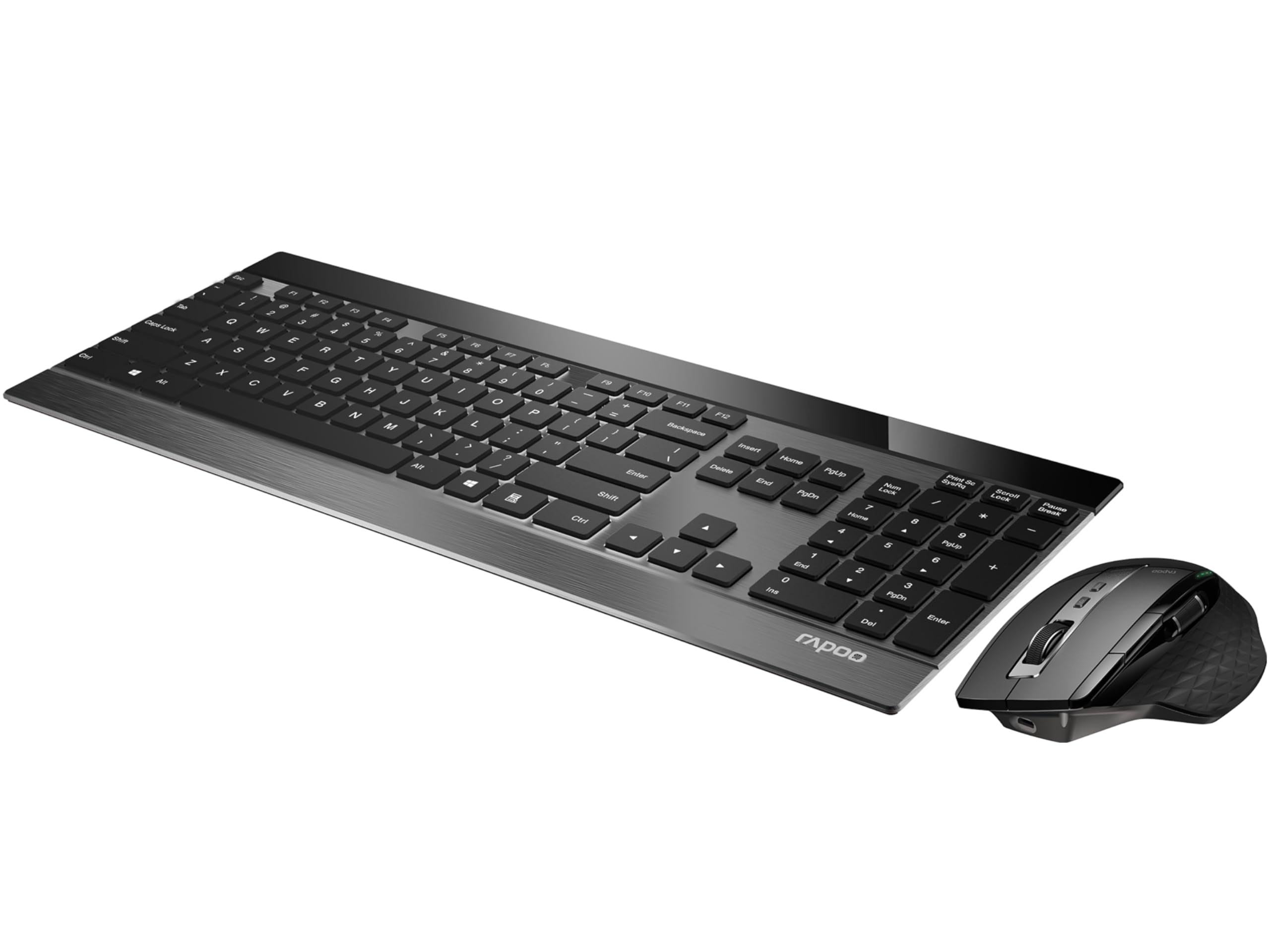Rapoo 9900M kabelloses Tastatur-Maus Set Wireless Deskset 3200 DPI Sensor wiederaufladbarer Akku flaches Aluminium Design DE-Layout QWERTZ PC & Mac - schwarz