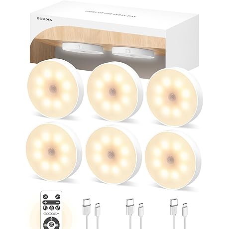 Pack of 6 Puck Lights with Wireless Motion Sensor and Remote Control,...