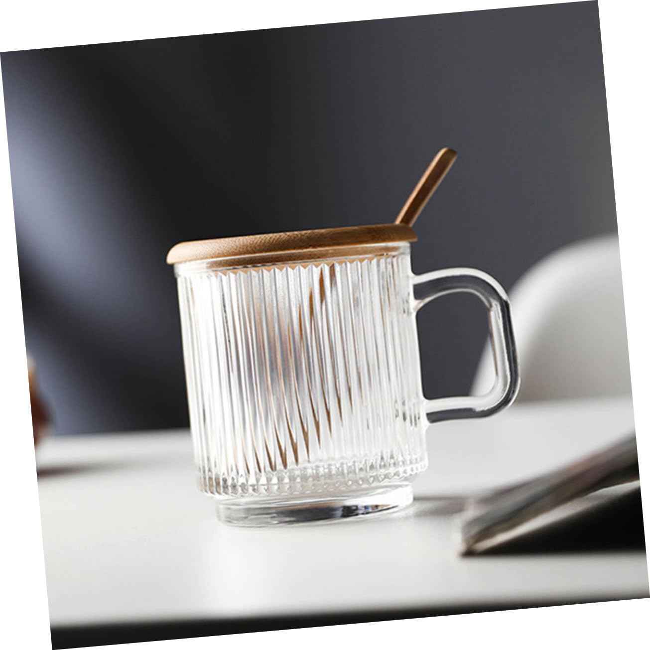 Hohopeti Set 2 Tazze da Caffè in Vetro con Manico, Coperchio in Legno e Cucchiaino, Capacità 340ml, per Casa e Uso Esterno