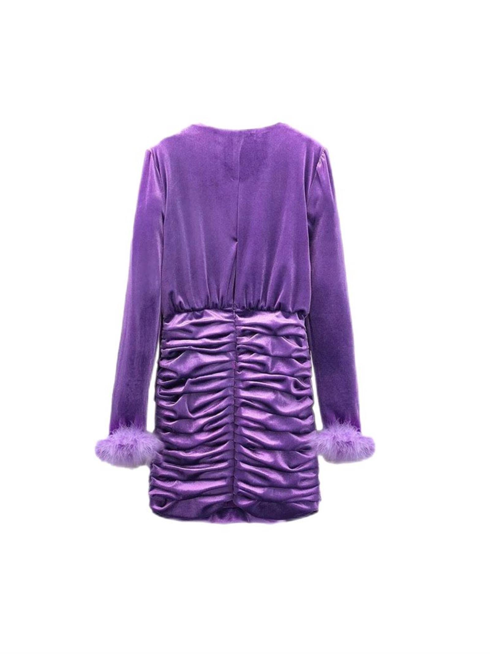 Moda delle donne con mini abito pieghettato Vintage legato V collo manica lunga abiti femminili