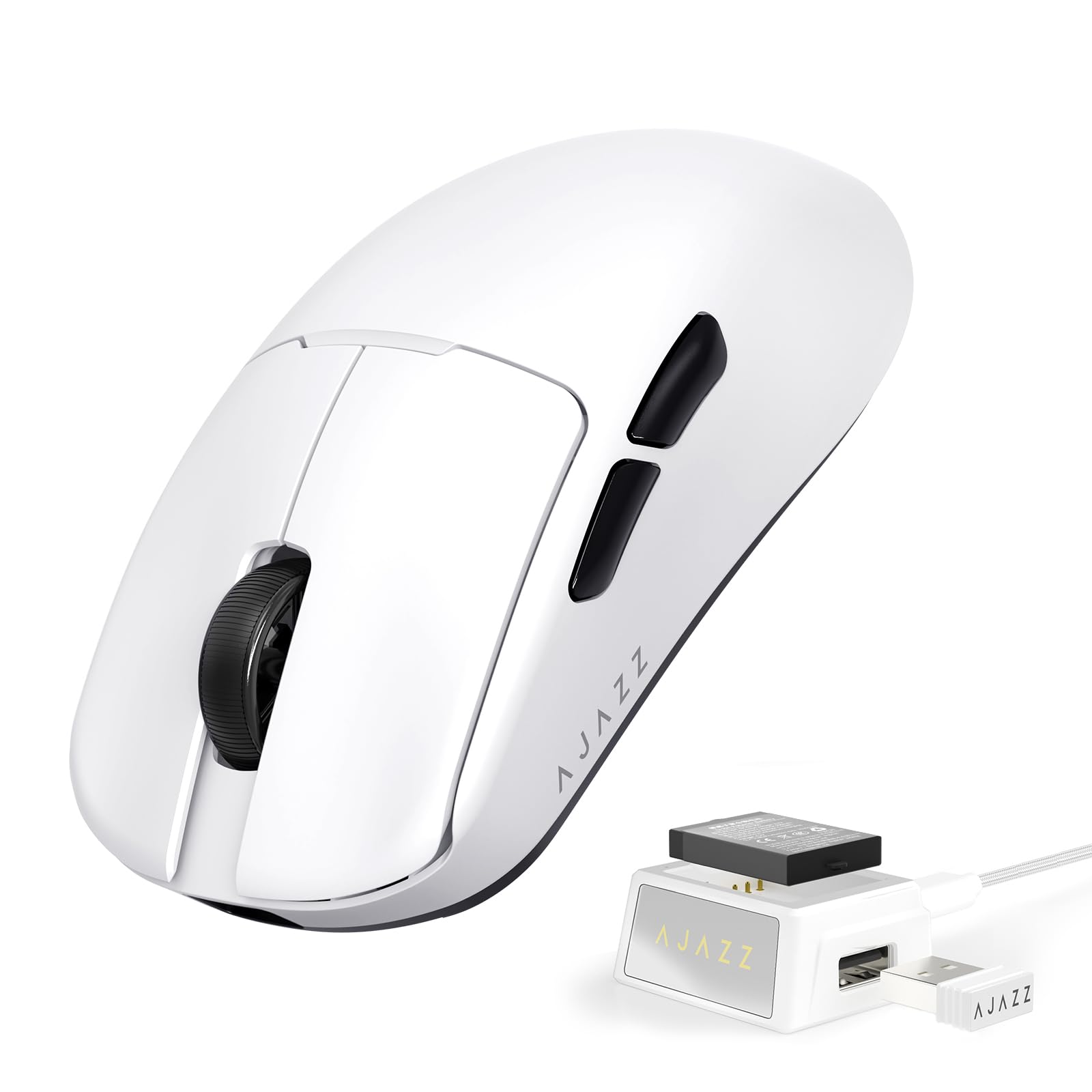 A.JAZZ AJ159V2MC Bezprzewodowa Mysz Gamingowa, Tryb Potrójny BT/2.4G/Przewodowy USB-C, Sensor Optyczny PixArt 3311 24,000DPI, Ultralekka 54g, Z Wymienną Baterią–Do PC/Mac/Laptopa–Biała