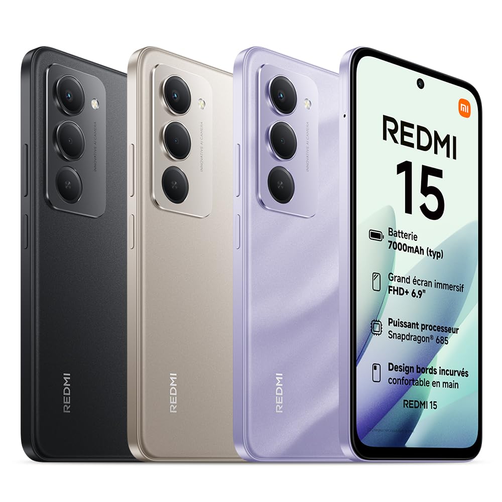 XIAOMI REDMI 15 Smartphone 8+256 Go Double Caméra IA 50 MP - Titane | Écran 6,9 pouces FHD+ 144 Hz, batterie 7000 mAh, SnapdraGon 686, chargeur non inclus