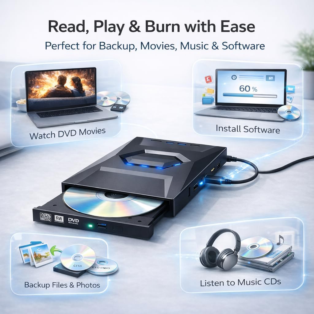 External CD DVD Drive, USB 3.0 & Type-C DVD Burner for Laptop Desktop, Portable CD/DVD +/-RW Optical Drive with SD/TF Card Reader, 2 USB Ports and Extra Power Supply Port, Plug and Play
