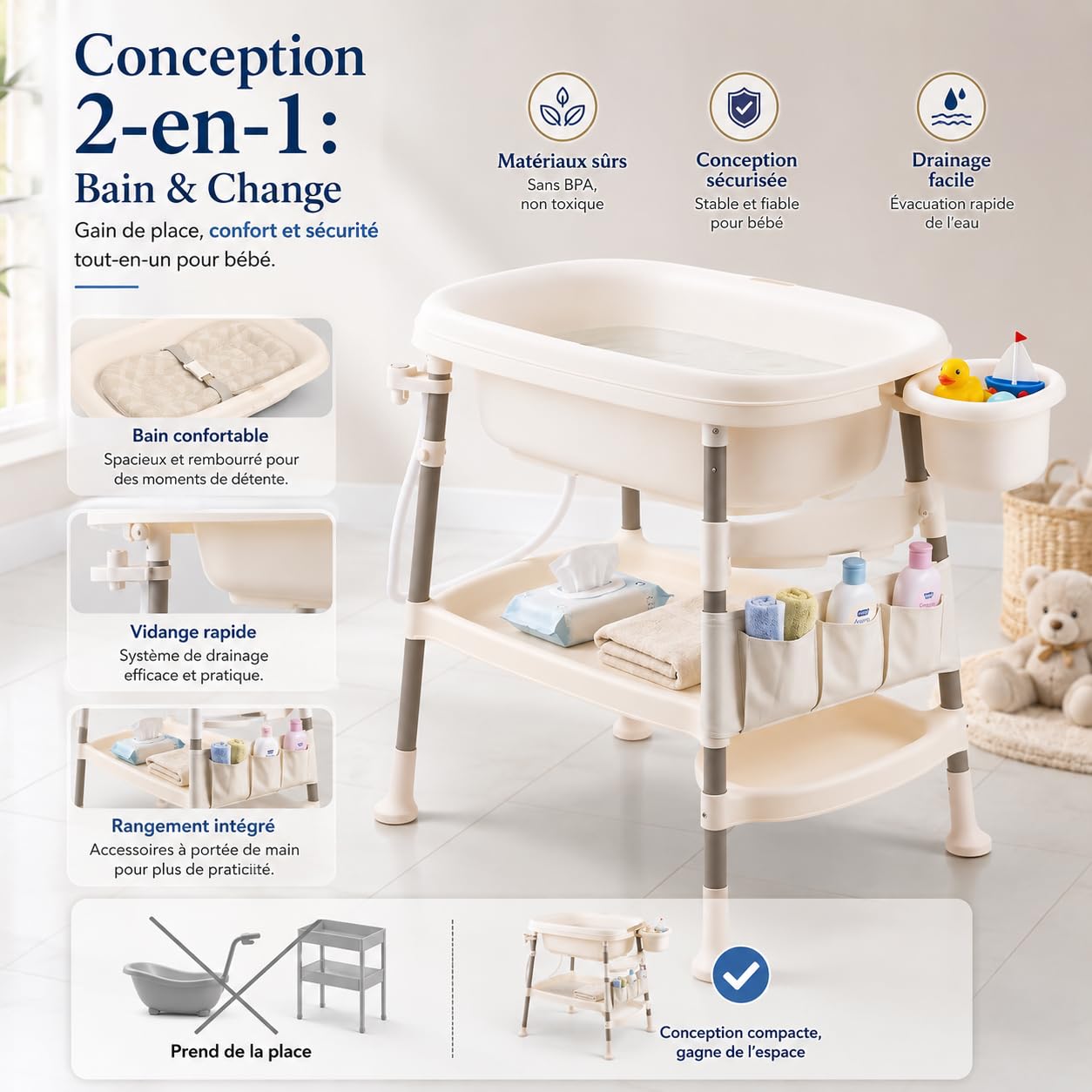Table à Langer avec Baignoire Bébé 3 en 1, Hauteur Réglable, Thermomètre Digital Intégré, Station de Change Pliable avec Rangement, Tuyau de Vidange, Charge Max 25kg, 0-36 Mois
