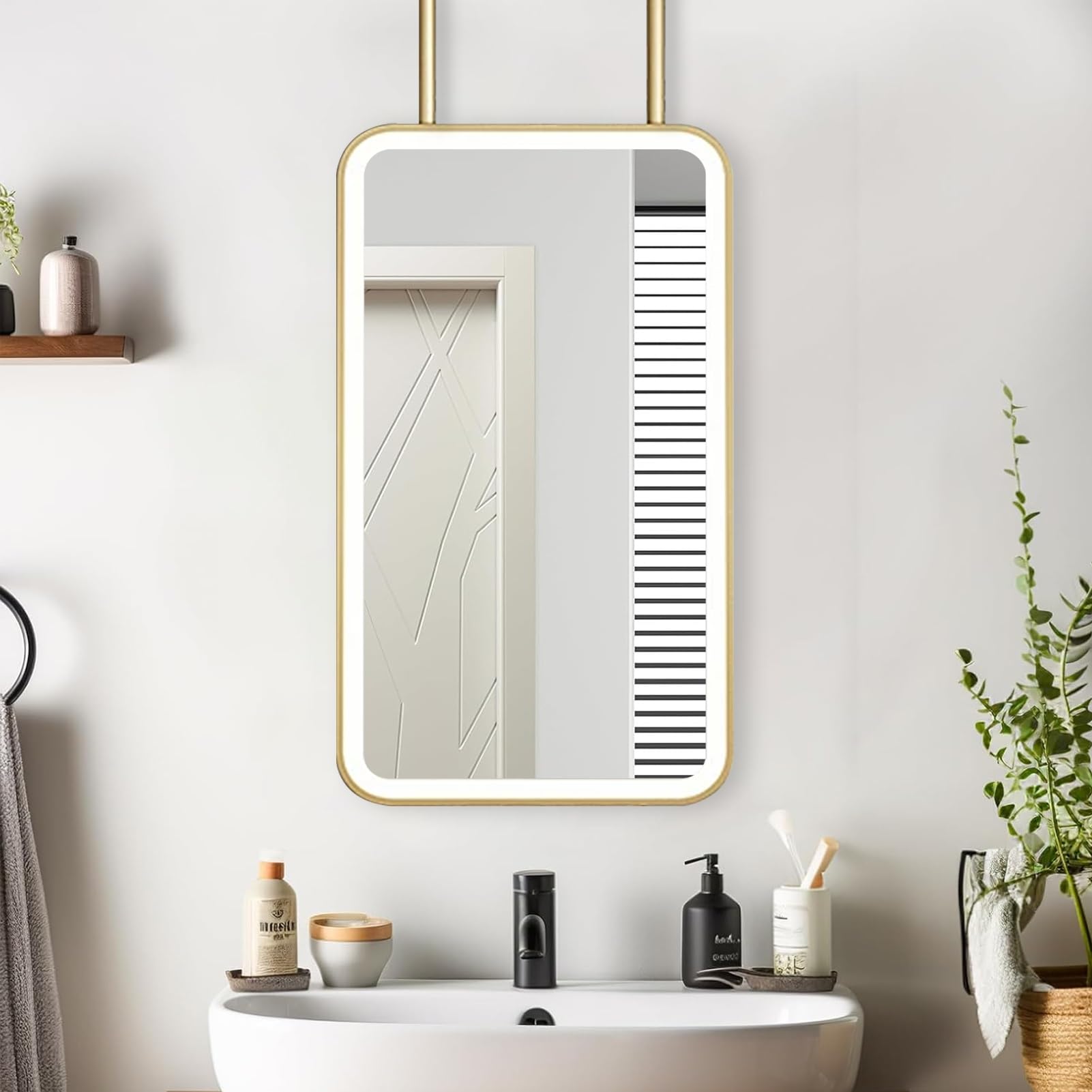 FGXHHS Rectangle Ceiling Hanging Mirror，Suspended LED Bathroom Vanity Mirrors Metal Framed Decorative Wall Mirrors，Floating Glass Mirror for Home or Hotel，Gold(50cmx70cm)