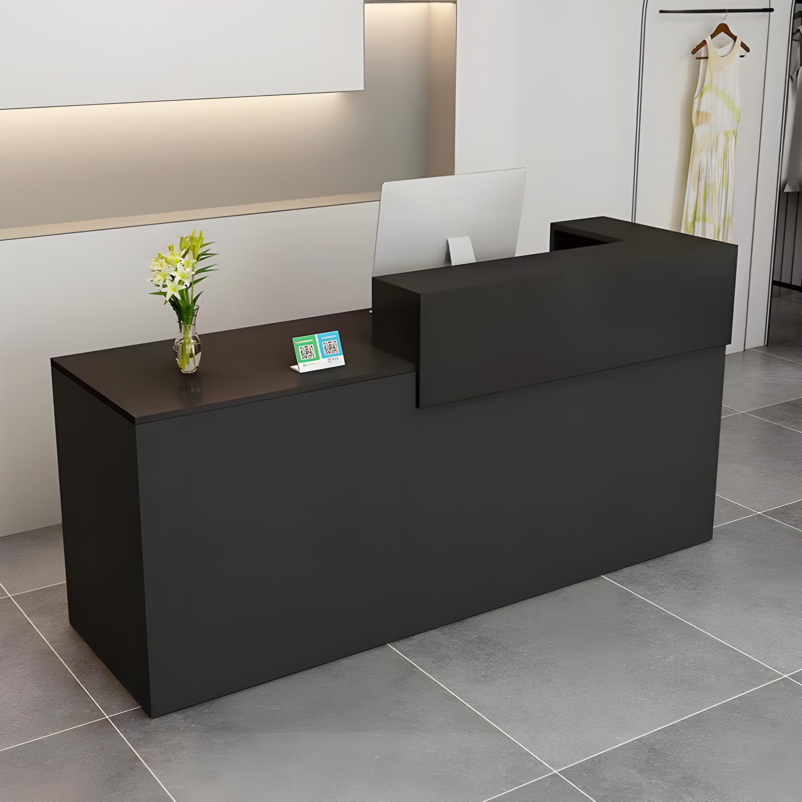 Modern Reception Desk with Drawer & Open Shelves, 39-95 Inch Front Counter Table, Computer Workstation Suitable for Salons, Offices, Lobbies, Retail