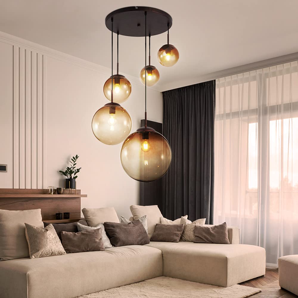 Globo Pendelleuchte 9-flammig Mit Amberfarbenen Glaskugeln – Modernes LED-Licht, 86,6 Cm