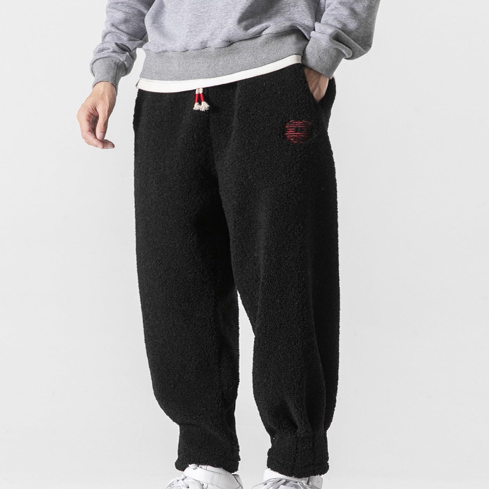 Generico Pantaloni Uomo con Pile Larghi con Polsini Taglie Forti Stile Cinese per Inverno Leggeri Caldi
