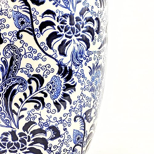 Banqueta Seat Garden Azul e Branco Floral 40x28cm Tamborete
