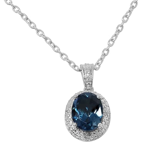925 Sterling Silver Genuine London Blue Topaz Diamond Pendant Necklace