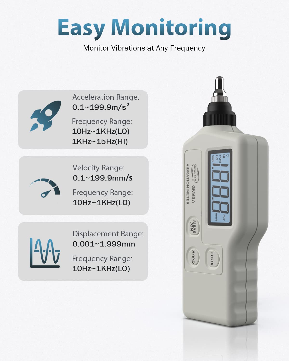 GM63A Handheld Digital Mechanical Vibration Meter, Measurement Acceleration, Velocity, Displacement