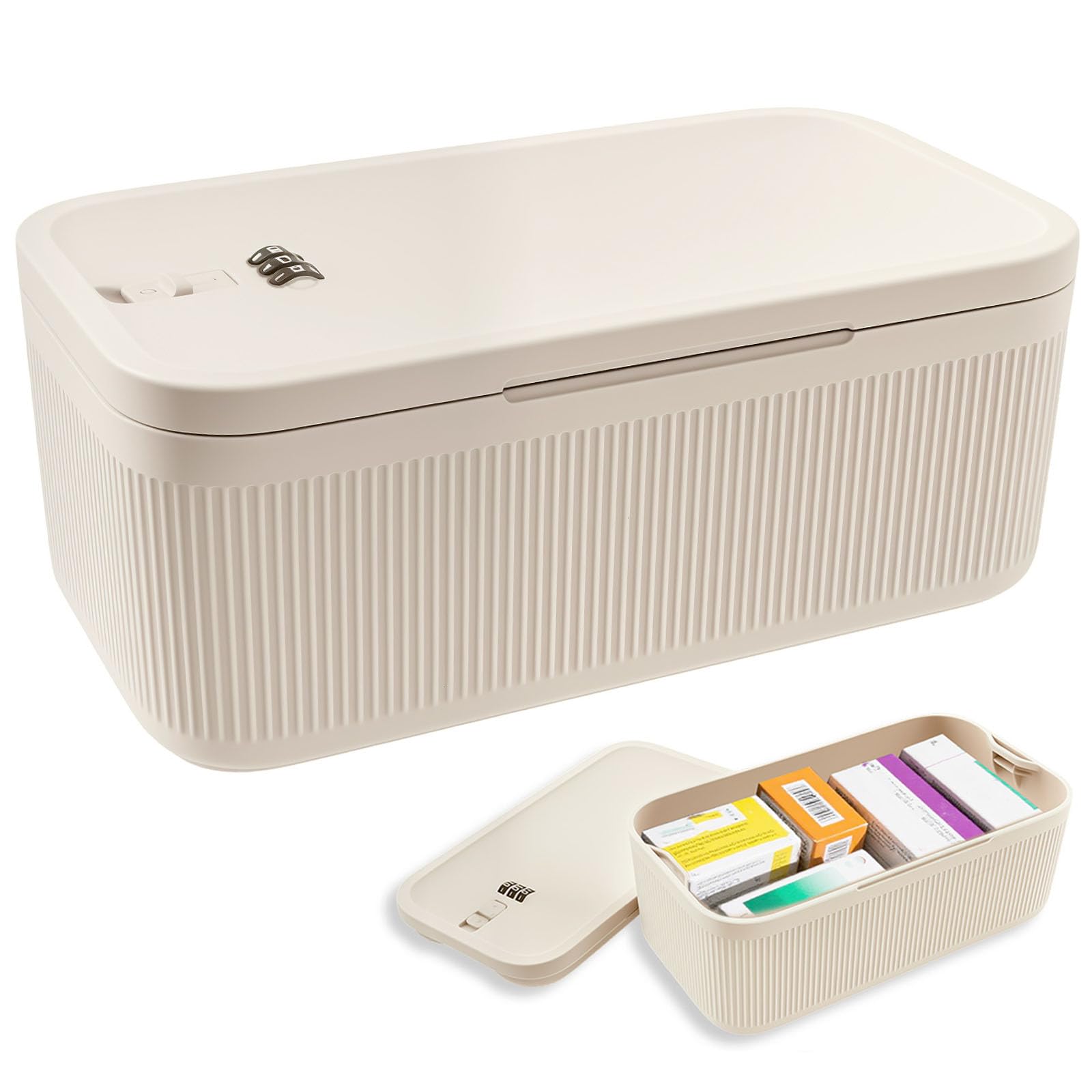 KTCINA Small Lockable Storage Box with Combination Code, Portable Medication Lockable Container for Refrigerator Locked Storage Box for Medicine, Food, Phone, Documents 23.9x13x9.6cm