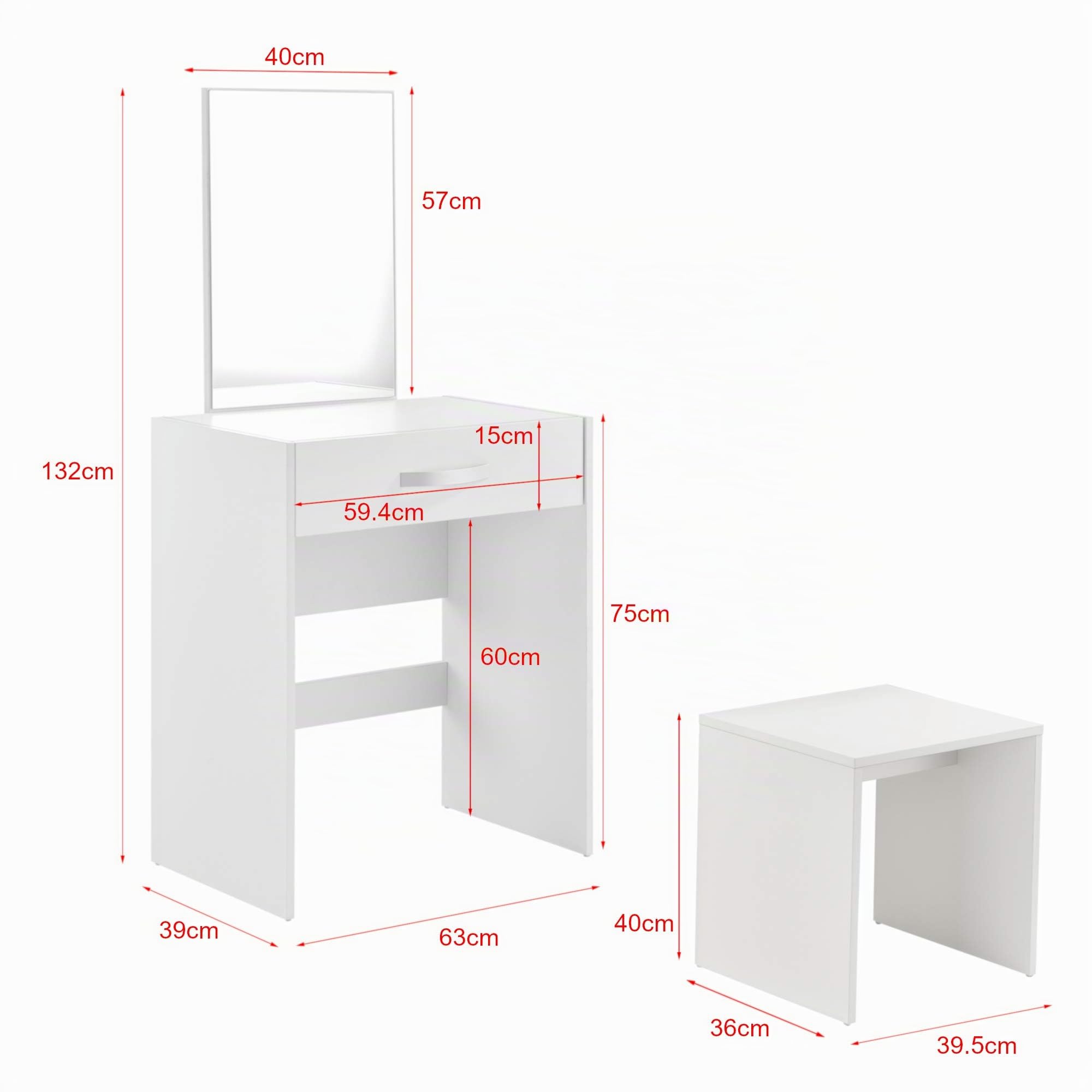 [en.casa] Juego de Tocador Mesa de Maquillaje con Espejo y Taburete 132 x 63 x 39 cm Mesa cosmética con Cajón Silla Peine Blanco
