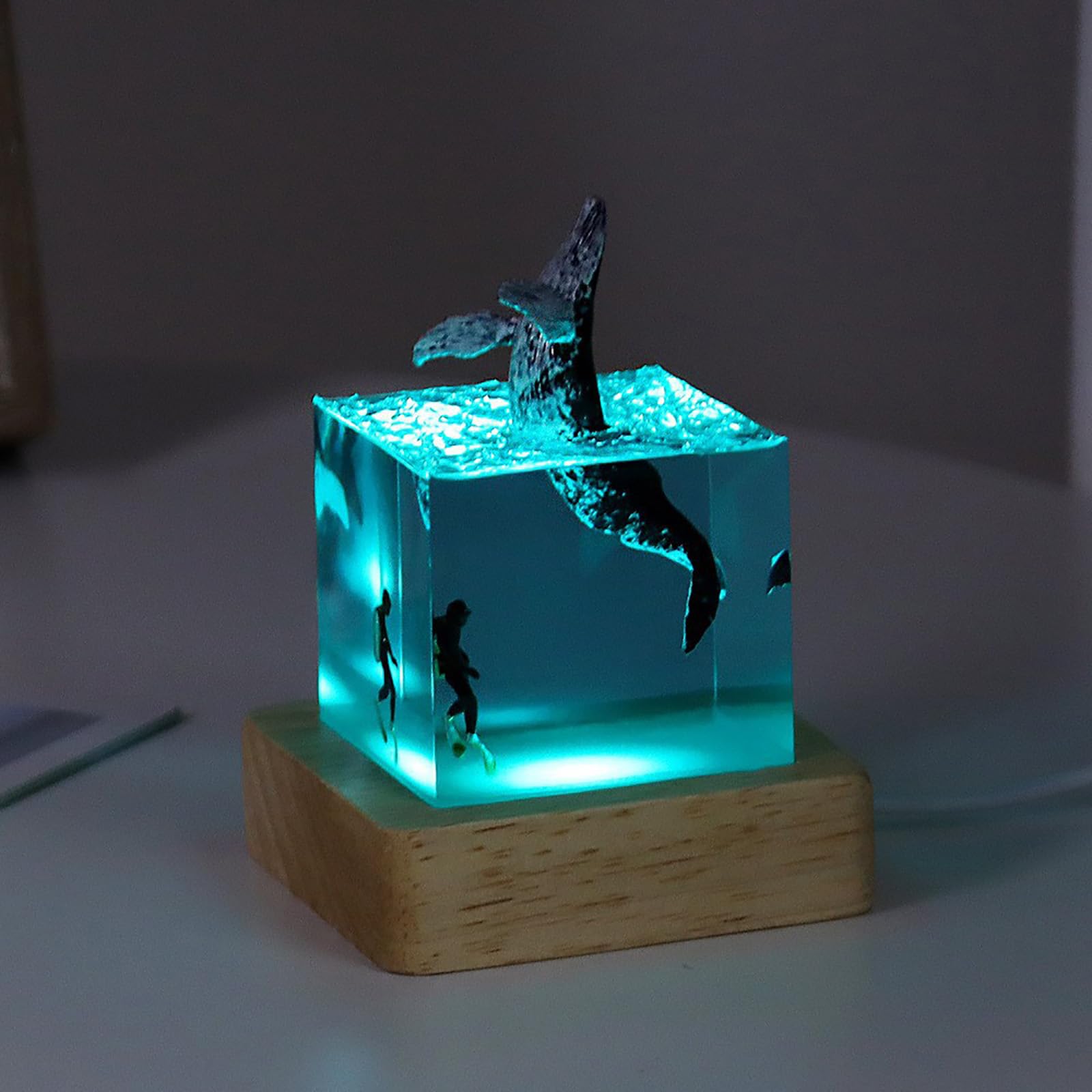 VISIOLEX Shark Diver Night Lamp, Table Lamp, Handmade Resin Shark Lamp, Ocean Resin Cube Jewelry, Glow-in-The-Dark Night Lamp, Novelty Desktop Gift (Humpback Whale - Leaping Water)