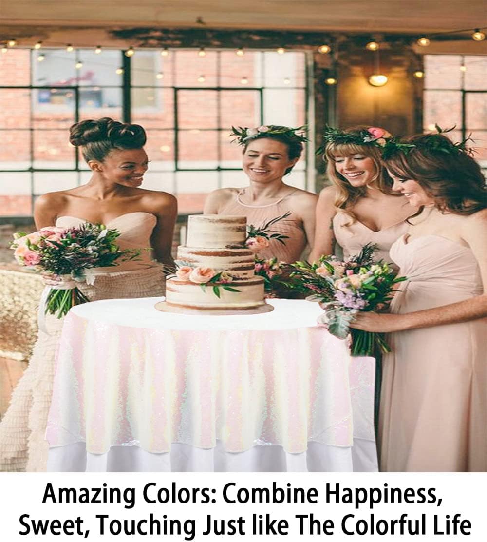 ShinyBeauty 120 Inch Iridescent White Sequin Round Tablecloth | Sparkle Wedding Tablecloth | Glitter Table Cloth for Party, Birthday, Event Decor