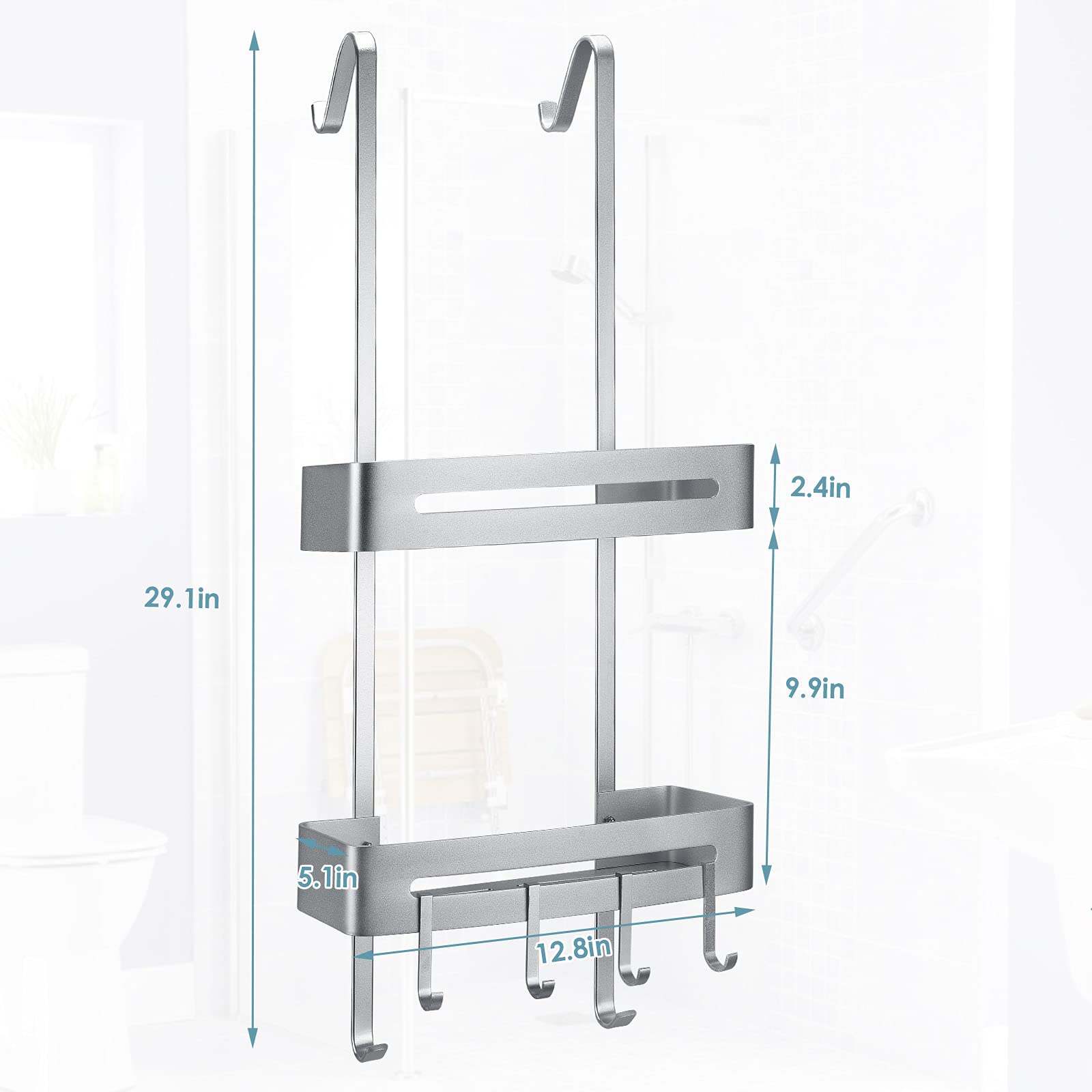 Organizador de ducha colgante, estante para colgar sobre la puerta con 2 niveles, sin necesidad de taladrar,Organizador de baño con 5 ganchos, estante para champú y gel.