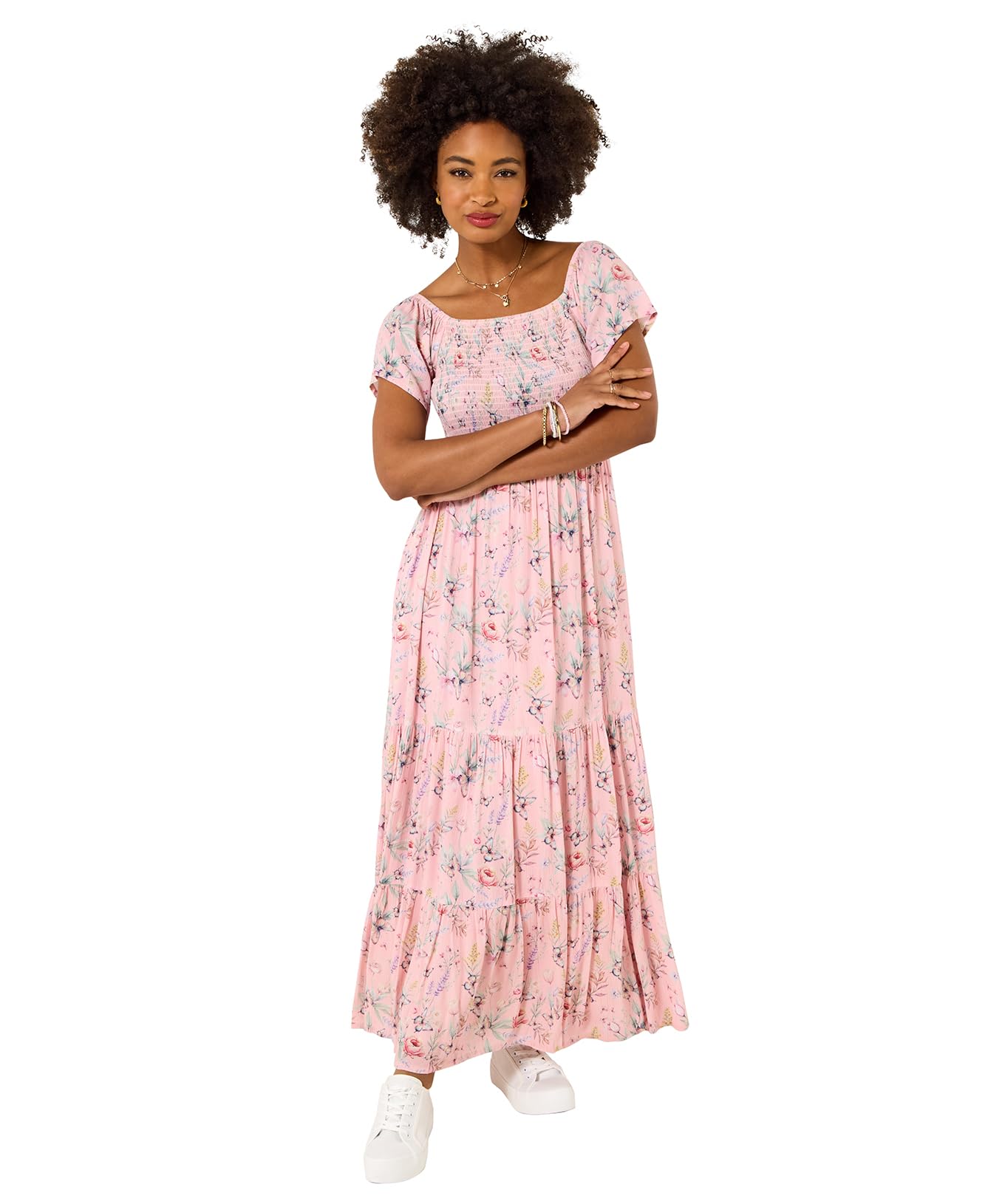 Joe Browns Women's Crinkle Butterfly Print Maxi Dress, Regular, Pink, UK 12 (Petite)