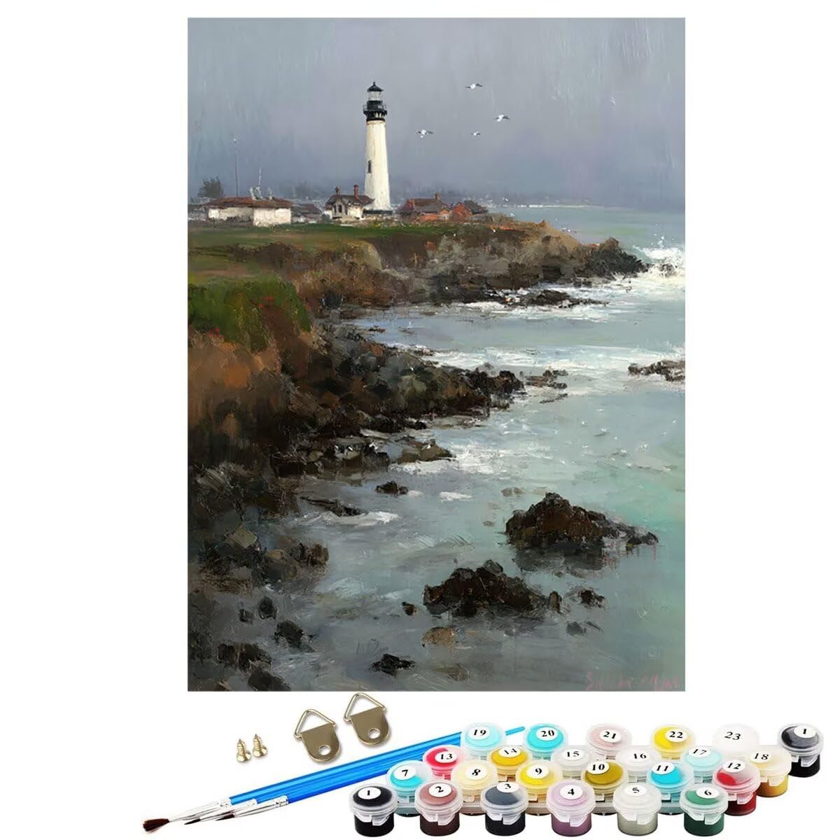 Landschaft Leuchtturm Malen Nach Zahlen Erwachsene, Paint by Numbers Adult Anfänger Kreativ Set, Heimwerk Malen Nach Zahlen Kinder, Pinsel und 36 Acrylfarbe Als, Deko Wohnzimmer 60 x 80 cm BJHWK518