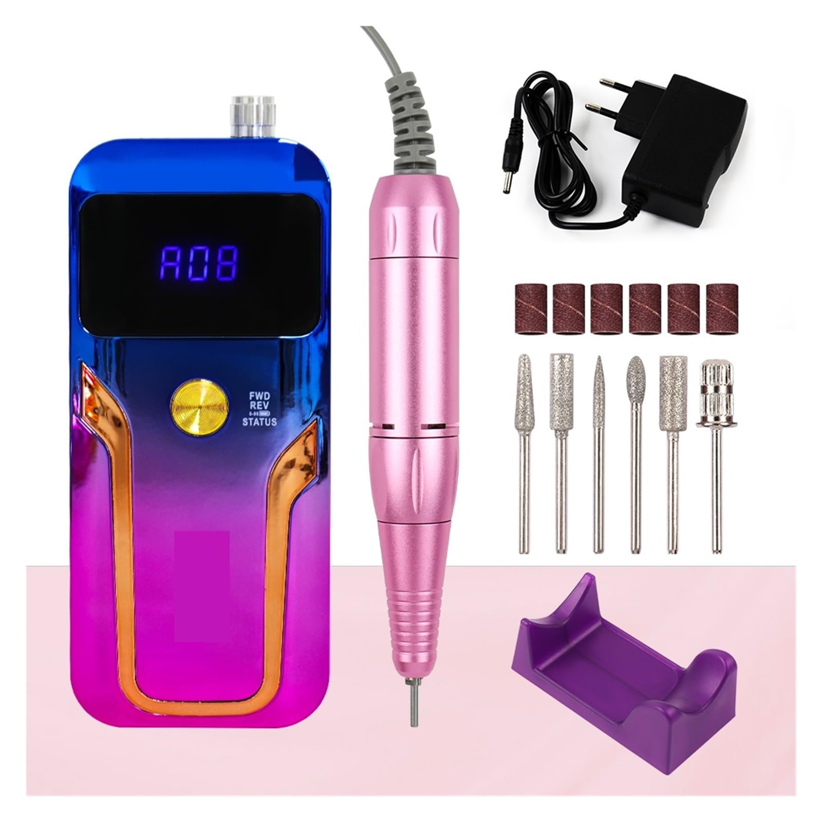 Torno para Uñas, Taladro eléctrico for uñas, 35000RPM, recargable, profesional, juego de fresas for manicura con pantalla LED, broca for limas de uñas(Blauw)