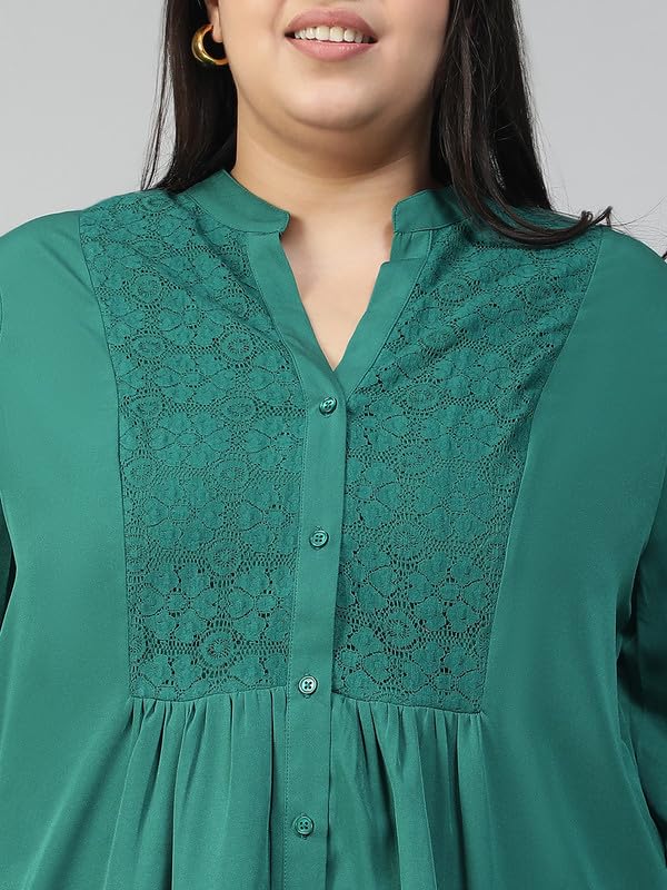 Image of oxolloxo Plus Size Polyester Casual Tops | Relaxed Fit Solid Solid V-Neck |Regular Curved Tops ForPlus Size Women |Green
