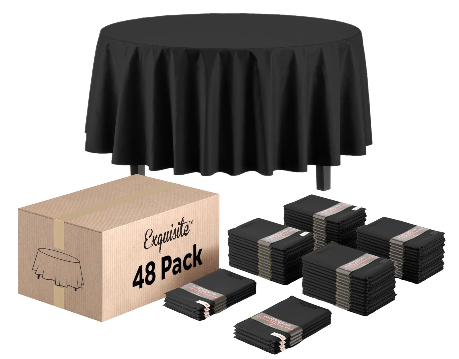 Exquisite Black Round Tablecloth 84" - 48 Pack
