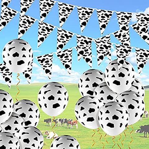 Zjoey 6.6 Feet Cow Print Pennant Bunting Banners with 20 Pcs Cute Western Cowboy Theme Latex Balloon for Kids Birthday Party Favor Supplies Decorations Cover