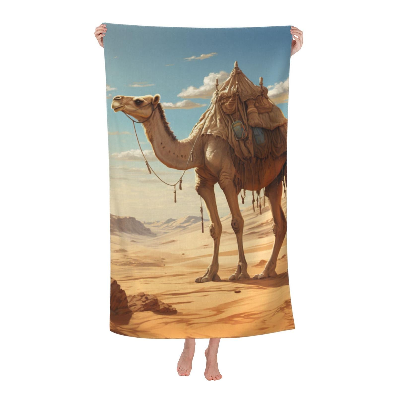 Pojknbv White Desert Sand Camel Print Oversized Adult Beach Towel Quick-Dry Comfortable Lightweight Travel Pool Camping