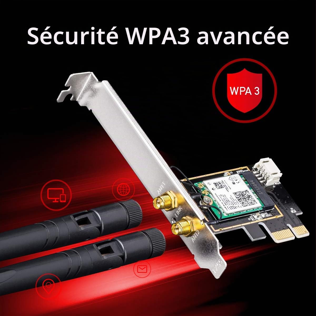 Cudy WE3000 Ax3000 Carte WiFi 6 PCIe pour PC, 2402Mbps + 574Mbps, AX200, OFDMA, Bluetooth 5.0/4.2/4.0, Windows 10 | Support Win10/11 64-bit; 2.4/5GHz Double Bande 2402+574 Mbps; 1024-QAM Tech; WPA3 Sécurité; MU-MIMO OFDMA; Deux 5dBi Antennes