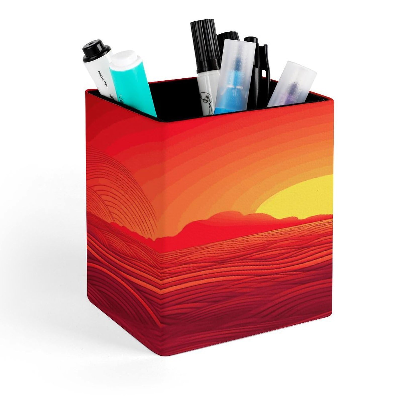 JTREHY Red Sunrise Pen Holder Square Pen Pencil Holder Makeup Brush Holders Cup PU Leather Pencil Cups Desktop Caddy Stationery Organizer Case Office Accessories Container Box