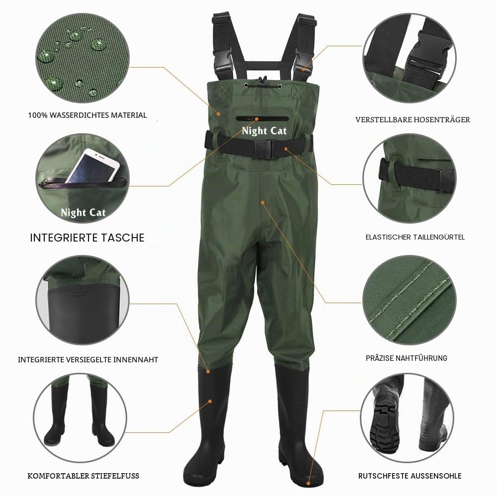 Night Cat Wathose Herren Damen Frauen Wathose mit Stiefeln wasserdichte Atmungsaktive Crosswater Waders