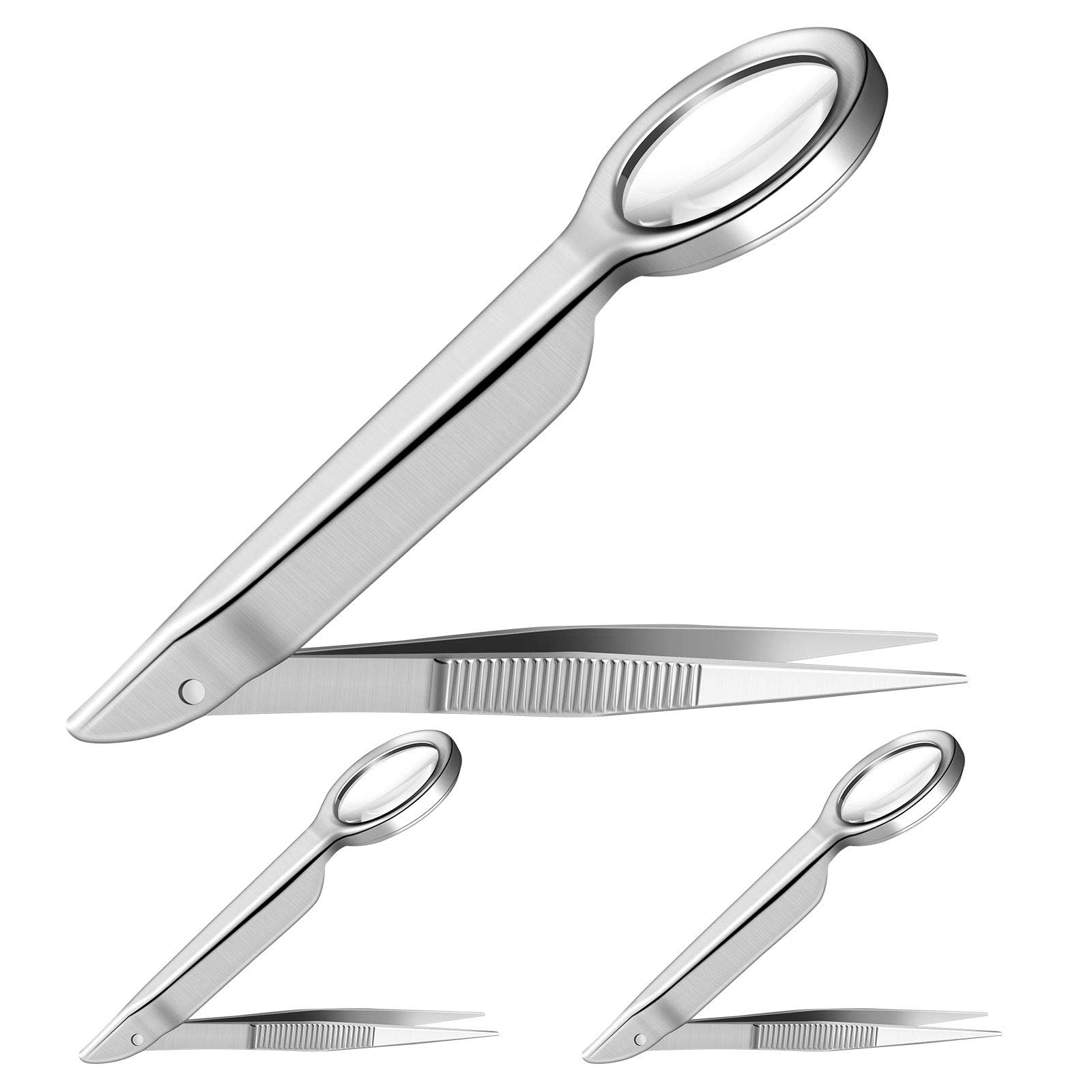 TERRIFI3 Pieces Magnifying Tweezers, Splinter Forceps with 5X Magnifying Glass, Handheld Magnifier Tweezers for Repairing, Jewelry Inspection, Stamps, Ingrown Hair Removal, and Scientific Use