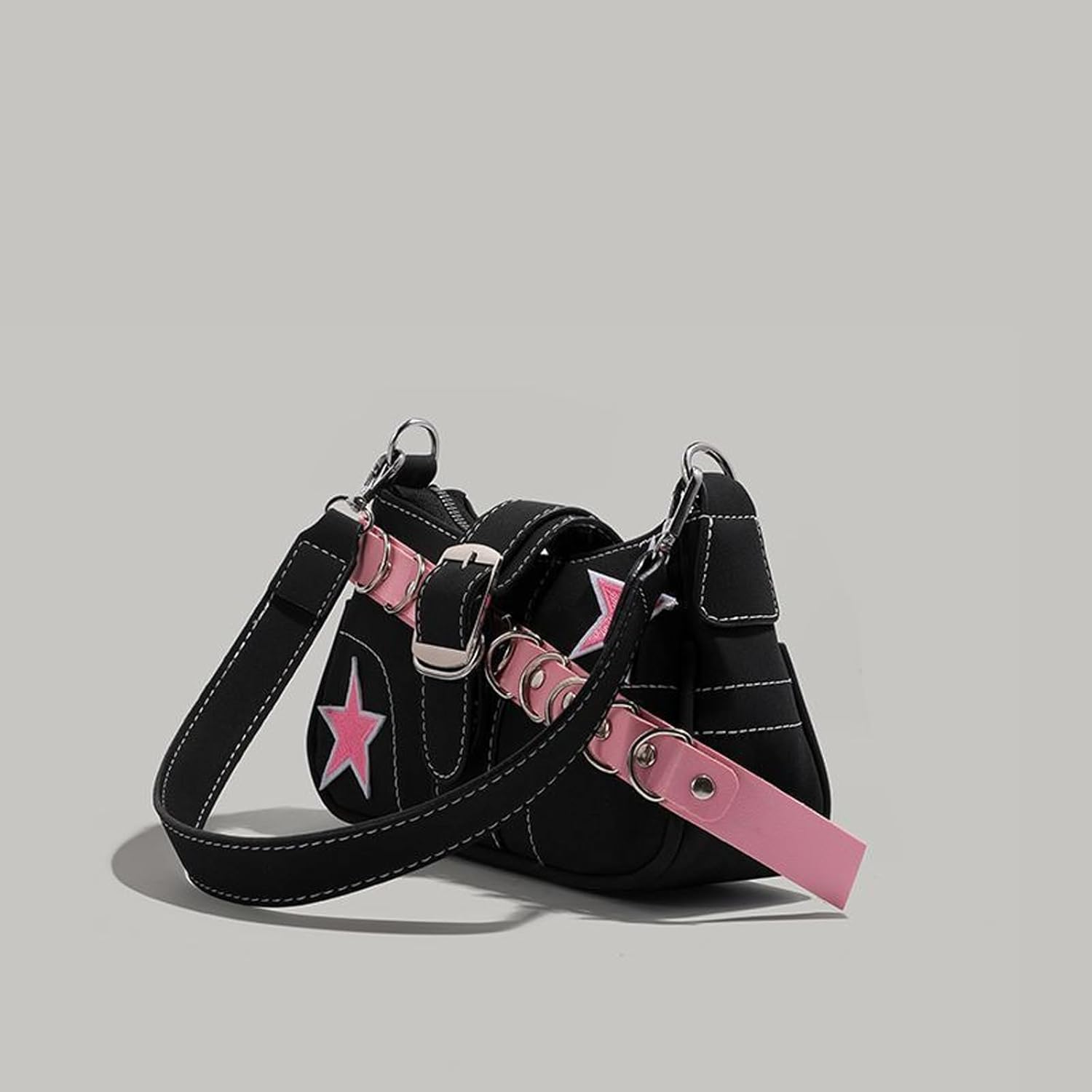 Y2k Accessories Y2k Wallet Crossbody Bag Gothic Retro Crossbody Bag Women's Shoulder Bag (Black Pink Five Stars,One size)