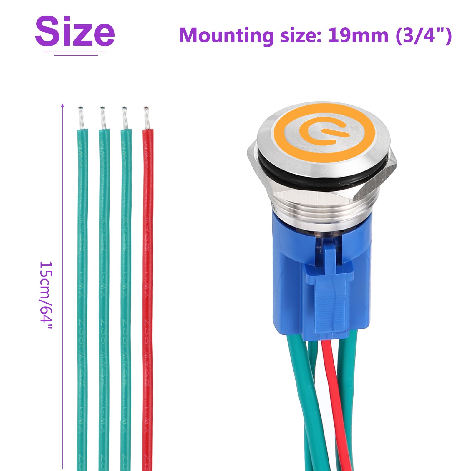 DMiotech 1 Pcs 19mm / 3/4" Stainless Steel Momentary Push Button Switch 1NO 15A 12-24V Silver Button Yellow Button Lamp with Socket Plug with Wire for Car Boat Systems Custom Setups - Image 4