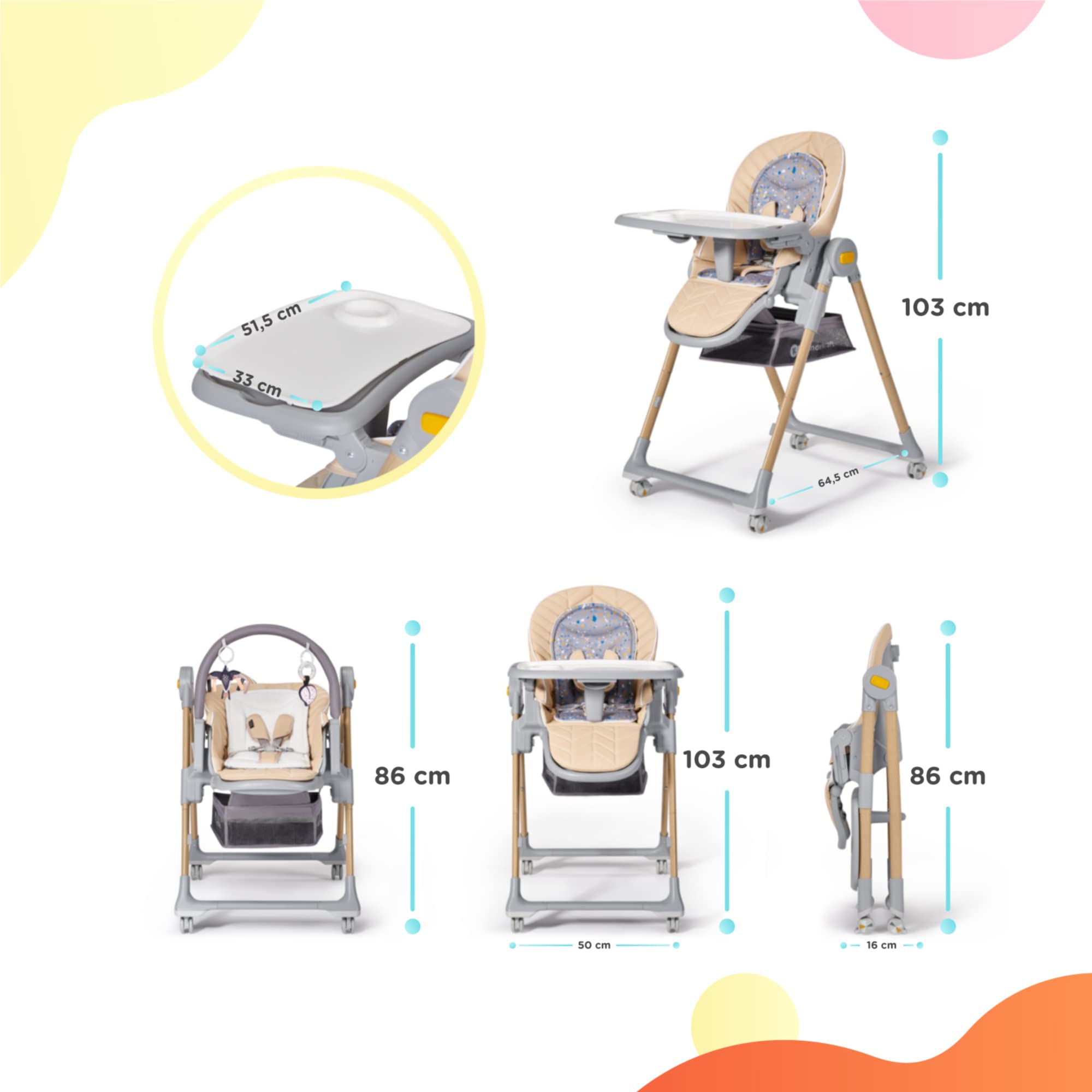 Kinderkraft LASTREE Trona Bebé de madera evolutiva plegable, Hamaca para bebés con Arco 2 juguetes, Asiento reposapiés ajustable, Posición tumbada, Rosa