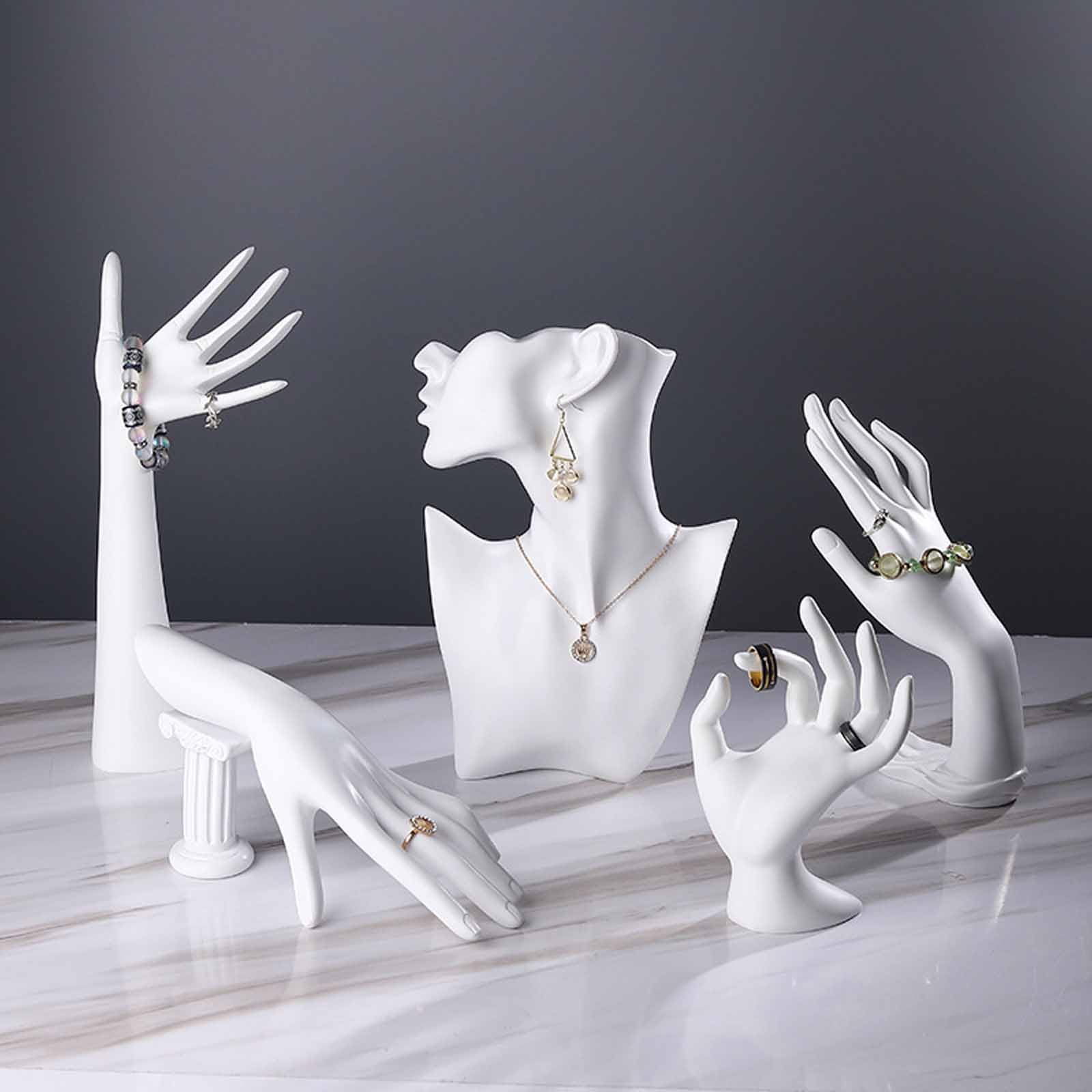 ZephPerton 5 Pcs Necklace Display Stand, Necklace Earring Bracelet Holder, 1 Bust For Necklace Earring & 4 Hand Stands For Ring Bracelet, Resin Material, Jewelry Display For Home & Vendors White